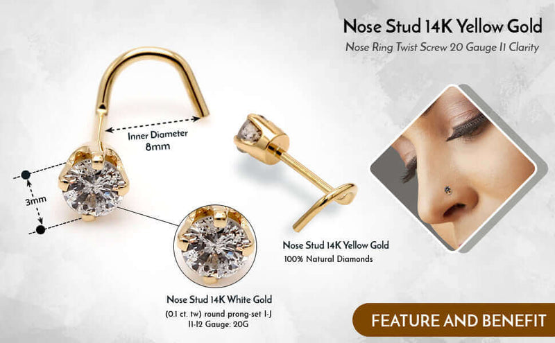Piercing, Nose stud - 14K yellow Gold & Cubic zirconia. Color: yellow |  Doucet Latendresse