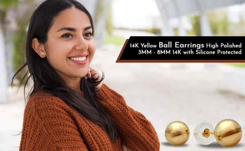 JewelMore 14K Yellow Ball Earrings High Polished 3MM - 8MM 14K with Silicone Protected 14k Gold Pushbacks 100% Real 14K Gold.
