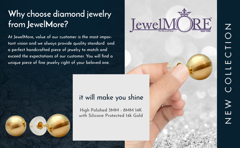 JewelMore 14K Yellow Ball Earrings High Polished 3MM - 8MM 14K with Silicone Protected 14k Gold Pushbacks 100% Real 14K Gold.