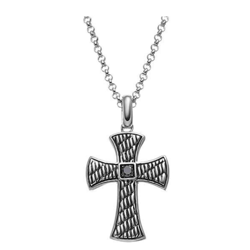 1/8 Carat T.W. Black Diamond Sterling Silver Textured Cross Pendant Necklace - Men
