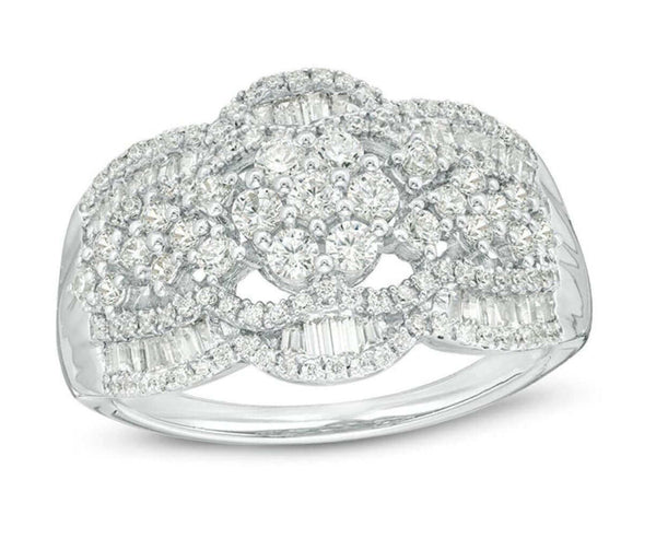 JewelMore 1.00CT. T.W. Halo Diamond Multi-Flower Anniversary Band Ring in 10K White Gold G-H-I/I1-I2