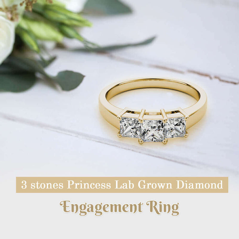 JewelMore 1 Carat and 2 Carat 3 stones Princess Lab Grown Diamond Engagement Ring for Women | 14K Gold | F-G Color, VS-SI Clarity | Beautiful Set | 30 Day Free Return