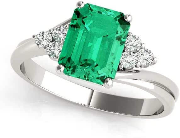 JewelMore 2.50 Carats Certified Lab Grown Colombian Emerald & Lab Grown Diamond Solitaire Engagement Ring with Trio Accents in 14K White-Gold