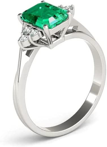 JewelMore 2.50 Carats Certified Lab Grown Colombian Emerald & Lab Grown Diamond Solitaire Engagement Ring with Trio Accents in 14K White-Gold