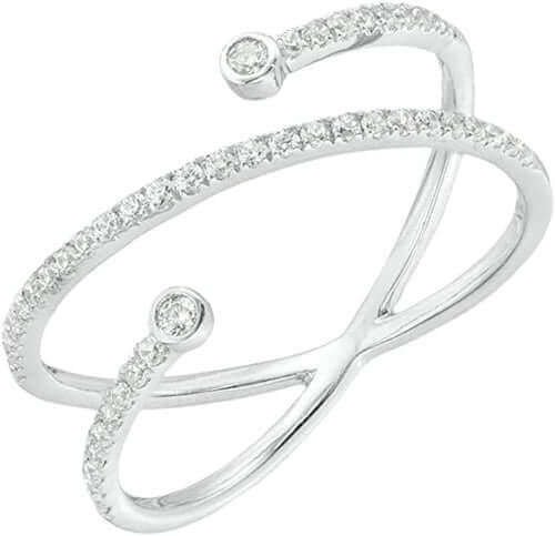 JewelMore 10K White Gold X Diamond Ring Criss Cross with Pave and Bezal Set Ring for Women (5), JewelMORE.com