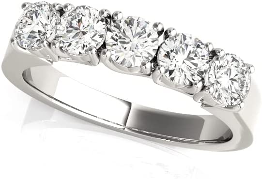 JewelMore 1 Carat (ctw) Certified 14K Platinum Round Diamond Ladies 5 Five Stone Wedding Anniversary Stackable Ring Band