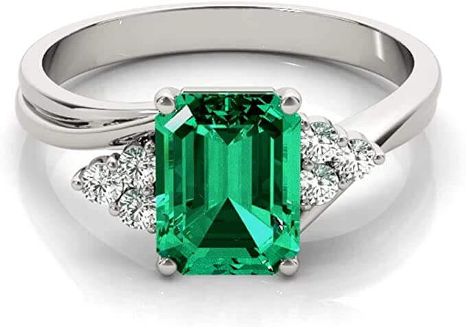 JewelMore 2.50 Carats Certified Lab Grown Colombian Emerald & Lab Grown Diamond Solitaire Engagement Ring with Trio Accents in 14K White-Gold