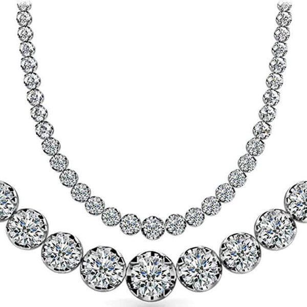 JewelMore 14K White Gold 10 ctw Round Lab Grown Diamond Graduated Riviera Fashion Tennis Necklace (10.00 CTW - SI / VS Clarity)