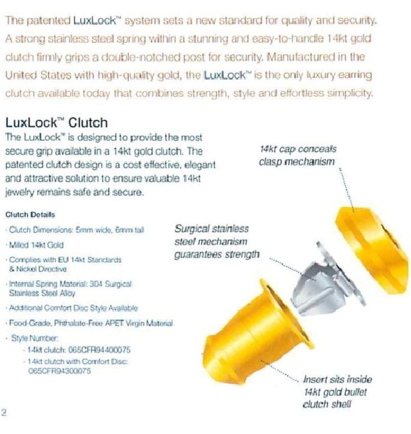 LuxLock World's most secure USA Patented Replacement Earring Back in 14k Yellow (Patent