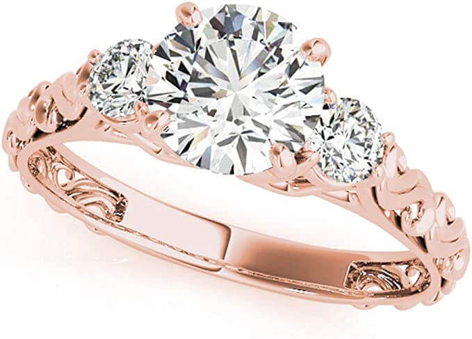 JewelMore 0.5 Ct. Halo Round Cut Classic Three-Stone Diamond Engagement Ring For Women |4 Prong 14K Solid Rose Gold | 1/2 ctw Genuine Diamond Wedding Jewelry Collection, JewelMORE.com