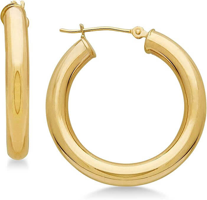 JewelMore 14k Yellow Gold Classic Shiny Polished Round Hoop Earrings, 2mm tube, JewelMORE.com