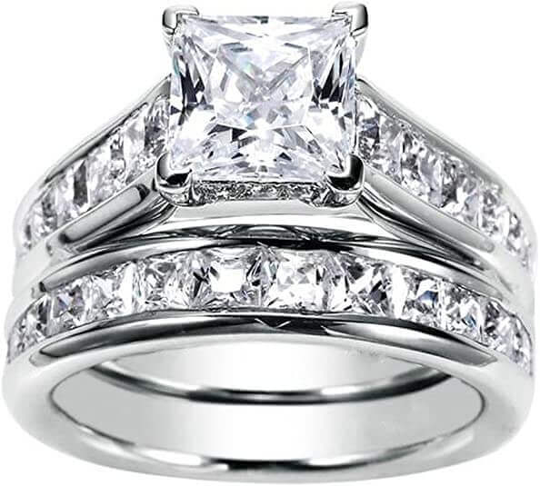 JewelMore 1.75ct Channel Set Princess Cut Diamond Engagement Ring Bridal Set 14k White Gold, JewelMORE.com