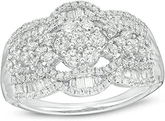 JewelMore 1.00CT. T.W. Halo Composite Diamond Multi-Flower Wedding Engagement Ring in 10K White Gold G-H-I/I1-I2, JewelMORE.com