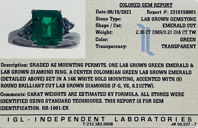 JewelMore 2.50 Carats Certified Lab Grown Colombian Emerald & Lab Grown Diamond Solitaire Engagement Ring with Trio Accents in 14K White-Gold