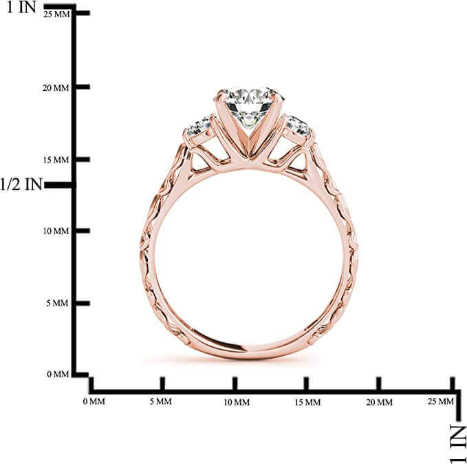 JewelMore 0.5 Ct. Halo Round Cut Classic Three-Stone Diamond Engagement Ring For Women | 4 Prong 14K Solid Gold | 1/2 ctw Genuine Diamond Wedding Jewelry Collection