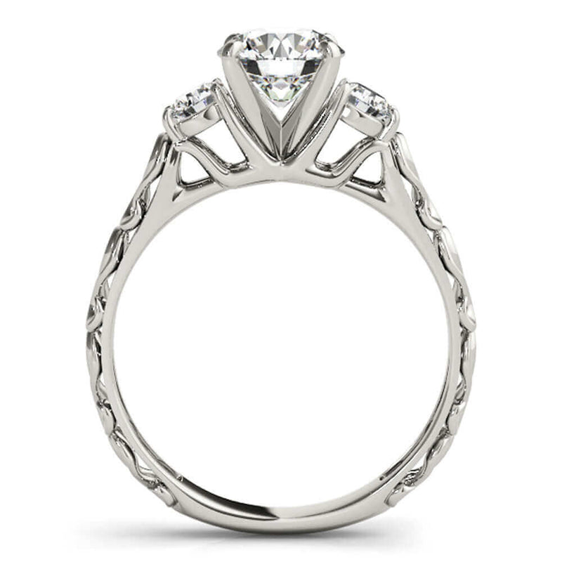 JewelMore 0.5 Ct. Halo Round Cut Classic Three-Stone Diamond Engagement Ring For Women | 4 Prong 14K Solid Gold | 1/2 ctw Genuine Diamond Wedding Jewelry Collection