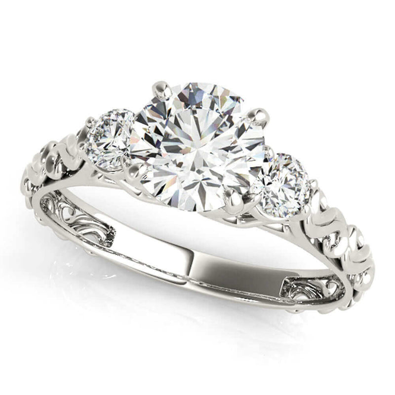 JewelMore 0.5 Ct. Halo Round Cut Classic Three-Stone Diamond Engagement Ring For Women | 4 Prong 14K Solid Gold | 1/2 ctw Genuine Diamond Wedding Jewelry Collection