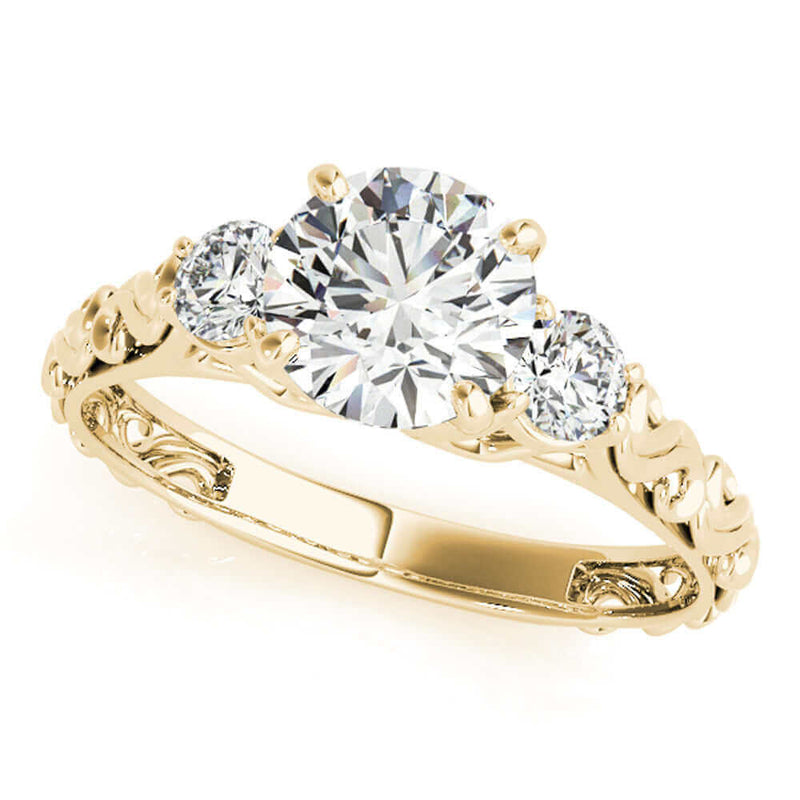 JewelMore 0.5 Ct. Halo Round Cut Classic Three-Stone Diamond Engagement Ring For Women | 4 Prong 14K Solid Gold | 1/2 ctw Genuine Diamond Wedding Jewelry Collection